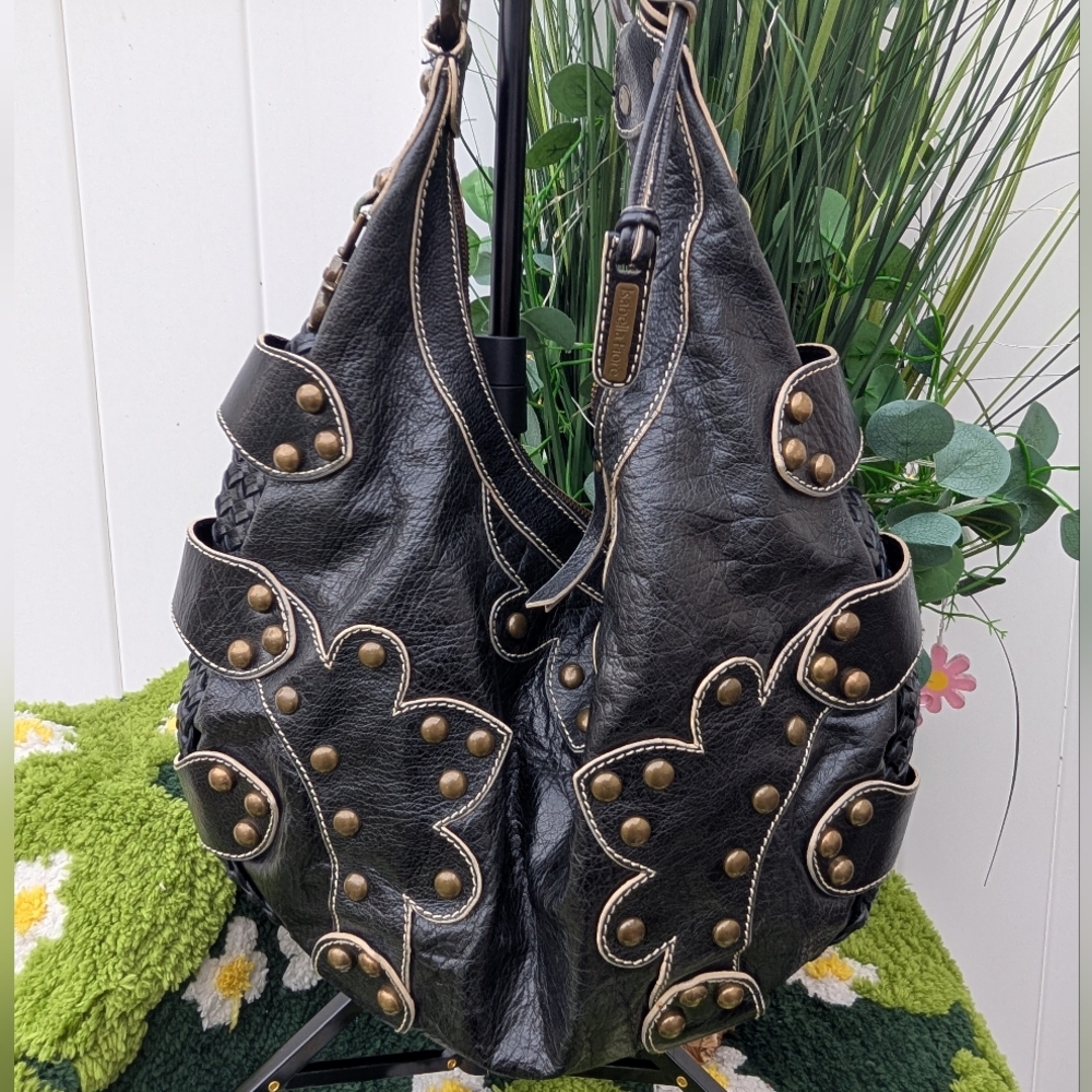 ISABELLA FIORE STUDDED Black Genuine Leather Hobo Bag